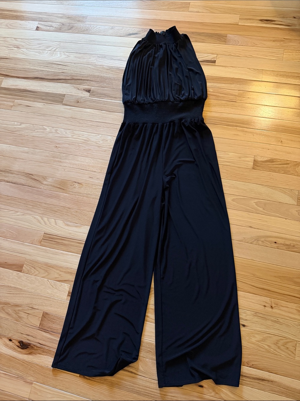 MARINA Black Halter Smocked-Waist Wide-Leg Jumpsuit